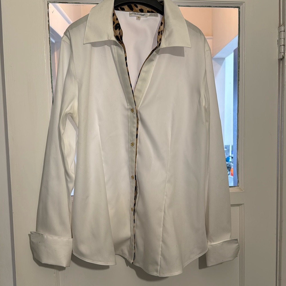 Calvin Klein White button up with leopard detail